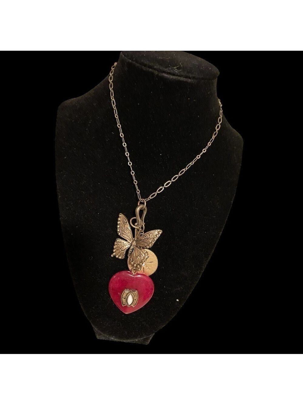 White House Black Market 3-Charm Gold-Tone Necklace Red & Intricate Heart Disc